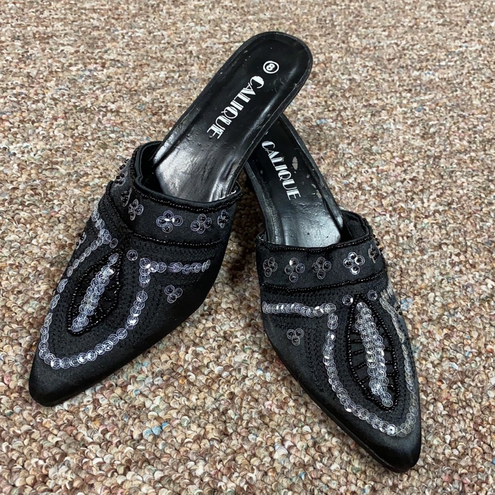 Calique sequins Slip on black heels.Size 8 2” heel